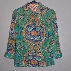 Tizzie Long Sleeve Button Up Blouse Preppy Paisley Bright Colorful Cotton Size S